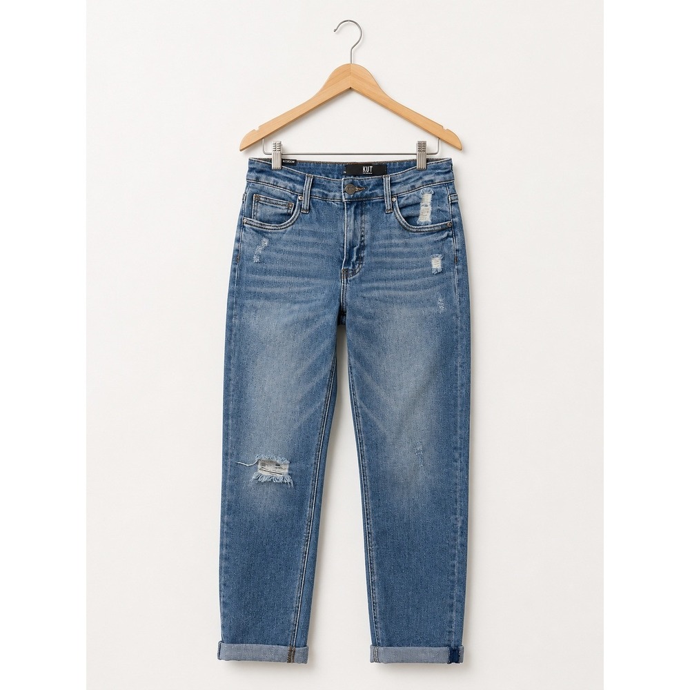 KUT from the Kloth Rachael Fab Ab Mom Jeans High Rise Distressed Blue Denim 6